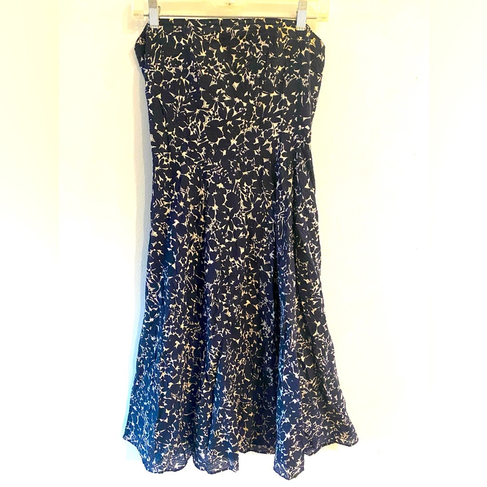 J. Crew strapless dark navy and sand colored strapless midi dress
